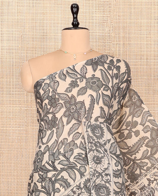 Grey Kalamkari Cotton Saree, Beautified with Floral Vine Print, Self-Border of Floral Print, Pallu of Musical Instruments, and a Matching Blouse
