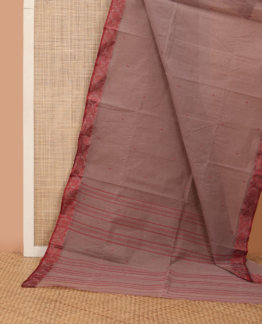 Lite brown buttas Bengal cotton saree, contrast floral creeper thread border & pallu of buttas & stripes