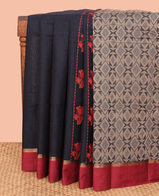 Navy Blue Kanchi Cotton Saree, Accentuated with Dotted Stripes and Floral Buttas All Over Its Body, Complemented by a Contrast Border, Pallu Features Geometric Patterns, and Paired with a Matching Blouse