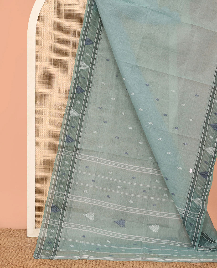 Pale Green Bengal Cotton Saree, Subtly Woven with Thread Buttas, Contrast Temple Border, Striped Pallu, and No Blouse