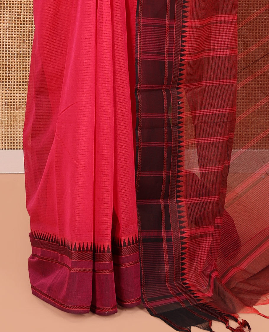 Red Andhra Cotton Saree, Sparsely Woven with Stripes, a Contrast Temple Thread Border, Striped Pallu, and a Contrast Blouse