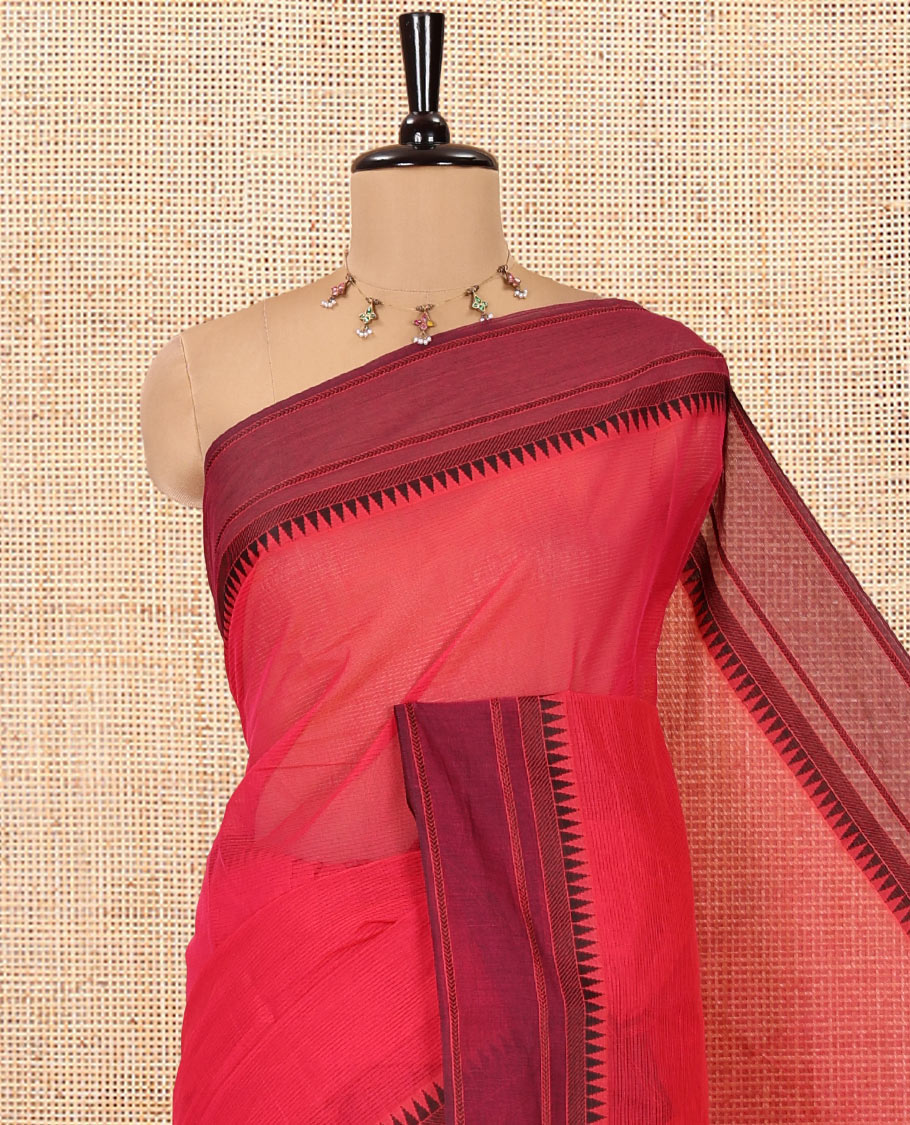 Red Andhra Cotton Saree, Sparsely Woven with Stripes, a Contrast Temple Thread Border, Striped Pallu, and a Contrast Blouse