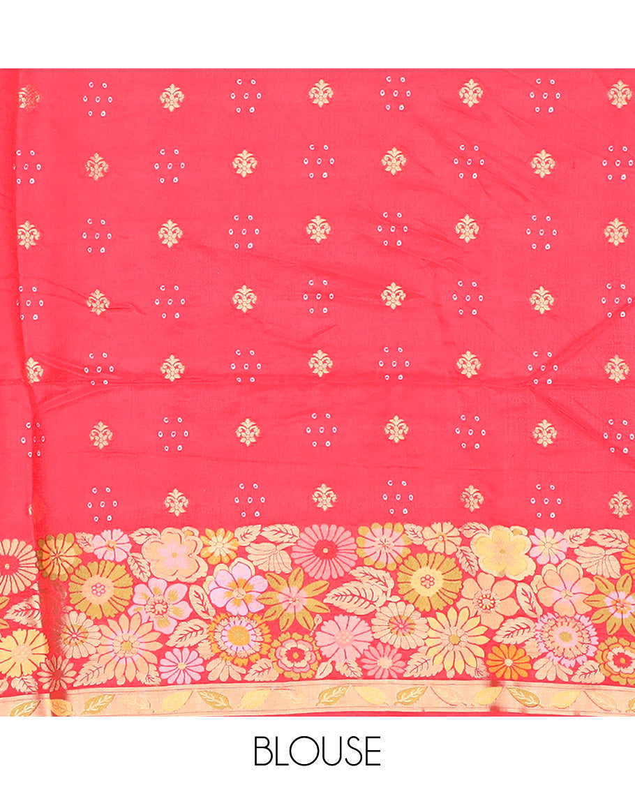 Red bandhani dottes with jaal design dola silk saree, meenakari floral design border, and pallu of bandhani dottes, and meenakari floral design