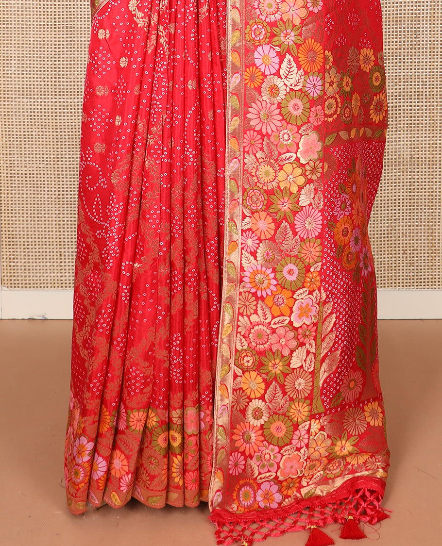 Red bandhani dottes with jaal design dola silk saree, meenakari floral design border, and pallu of bandhani dottes, and meenakari floral design