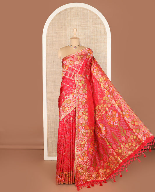 Red bandhani dottes with jaal design dola silk saree, meenakari floral design border, and pallu of bandhani dottes, and meenakari floral design