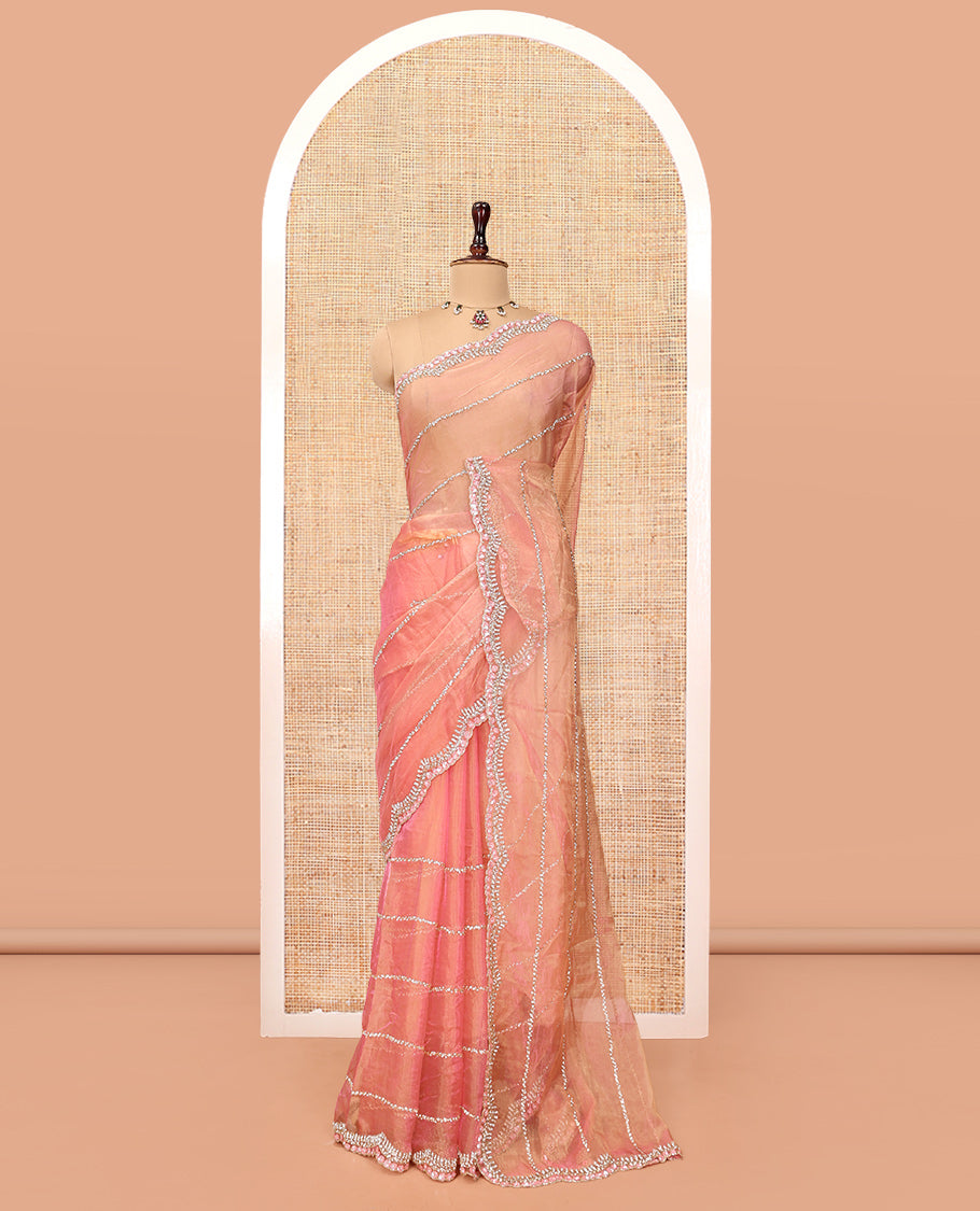 Pastel Pink Stone-Kardana Work Organza Designer Saree with a Scallop Embroidery Border, Matching Blouse