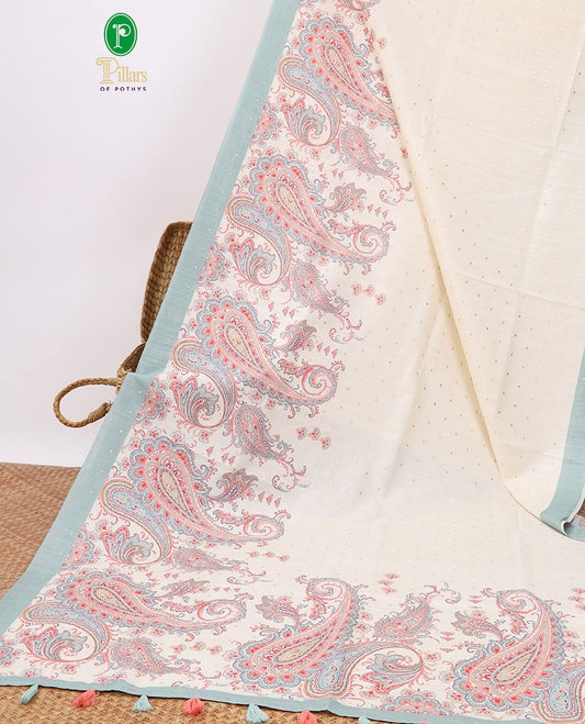Cream mukesh work semi-banaras tussar saree with contrast plain border & paisley motifs pallu