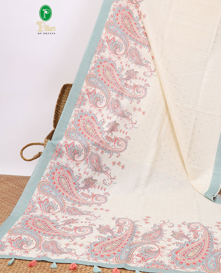 Cream mukesh work semi-banaras tussar saree with contrast plain border & paisley motifs pallu