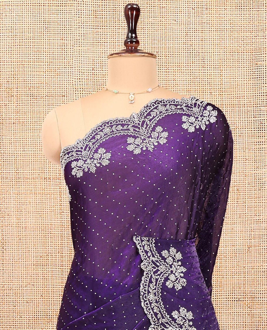 Blue Designer Saree, Gleamed up with Stone Struck On Its Body, Highlighted by Scallop Embroidered Border, and Paired with a Matching Embroidered Blouse