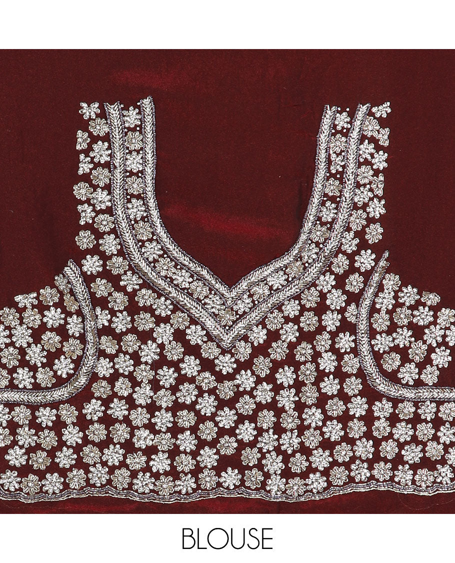 Maroon flower motifs embroidered designer saree, floral embroidered scallop border