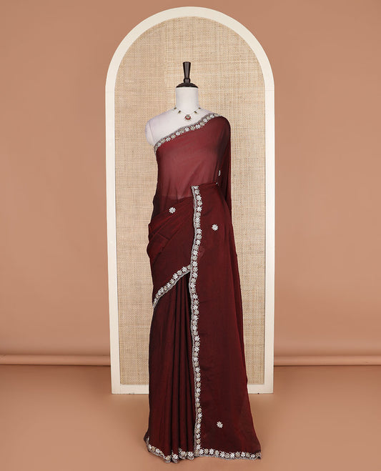 Maroon flower motifs embroidered designer saree, floral embroidered scallop border