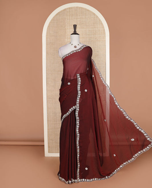 Maroon flower motifs embroidered designer saree, floral embroidered scallop border