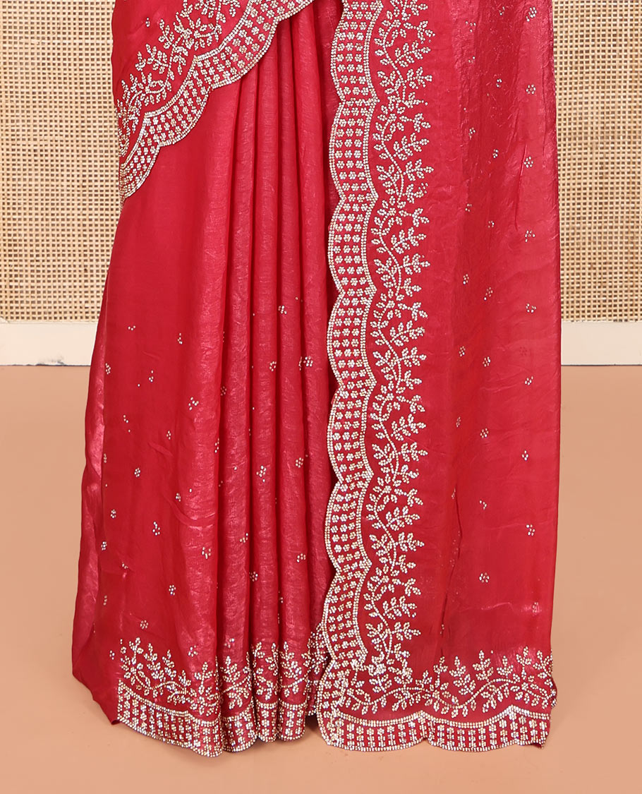 Red Designer Saree, Styled with Stone Work All Over Its Body, a Scallop Cut-Embroidered Border, and Matching Blouse