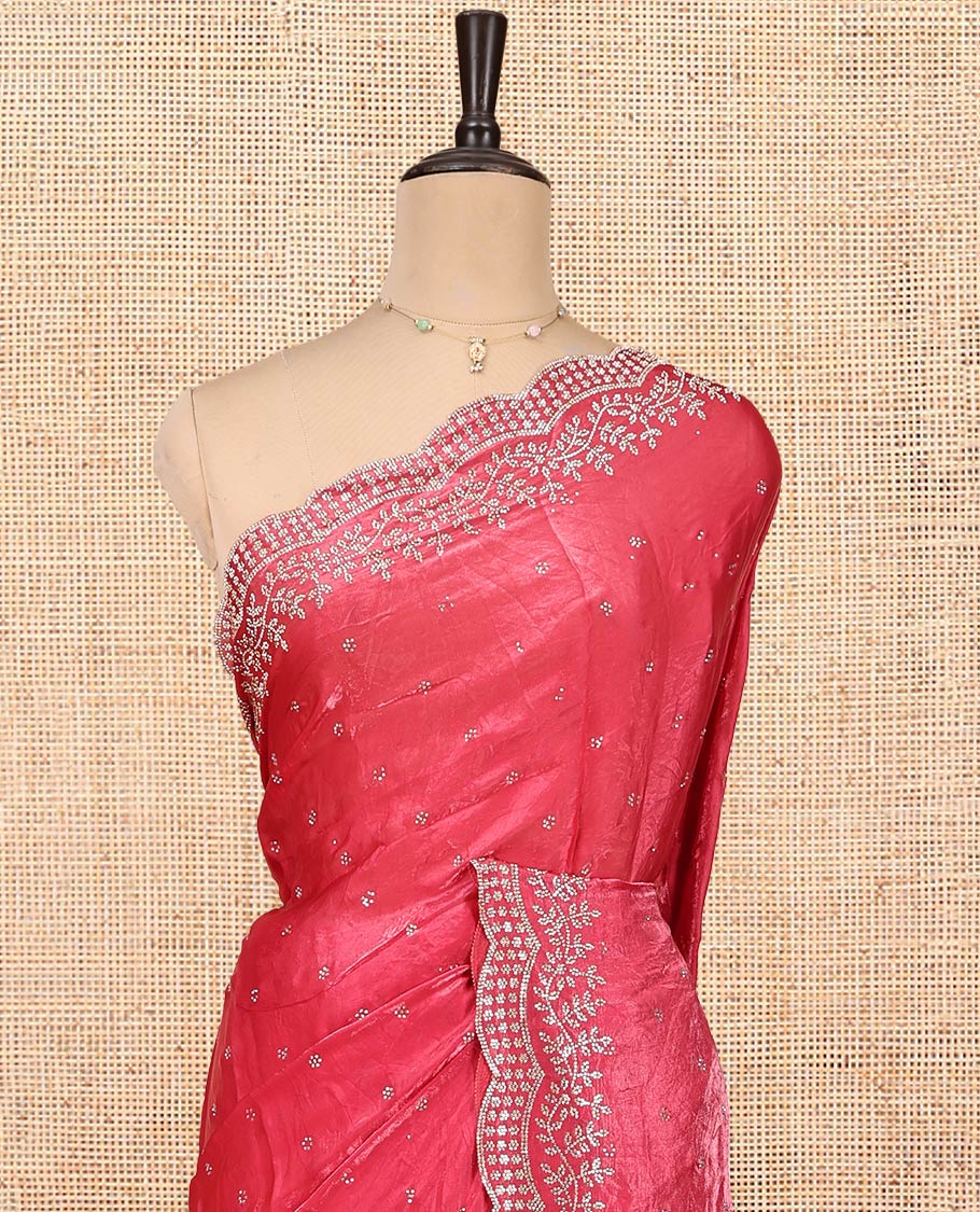 Red Designer Saree, Styled with Stone Work All Over Its Body, a Scallop Cut-Embroidered Border, and Matching Blouse