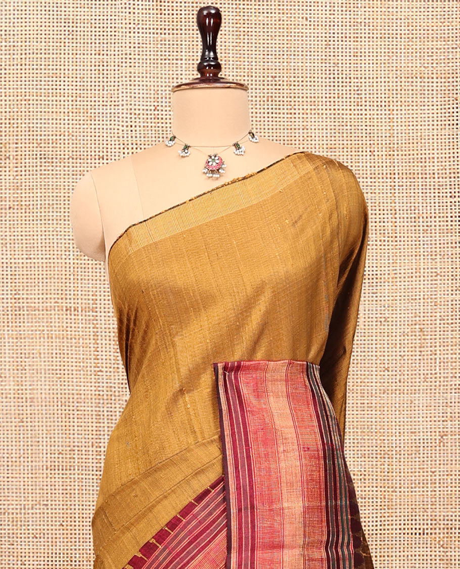 Mustard Dupion Silk Saree,  Complemented by Contrast Temple-Checked Border, Temple Pallu, and a Contrast Blouse