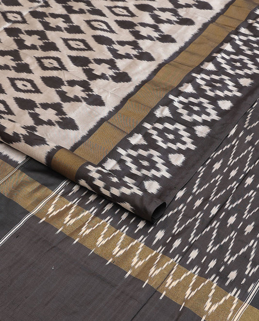 Black & grey ikkat saree with ikkat-style design weave, plain border & pallu of ikkat jaal design