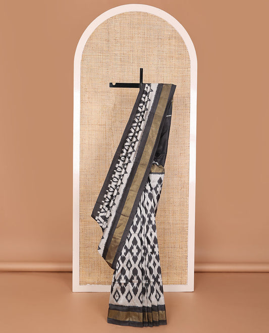 Black & grey ikkat saree with ikkat-style design weave, plain border & pallu of ikkat jaal design