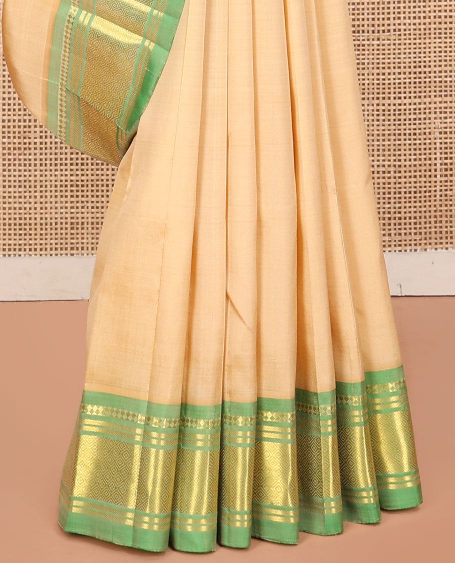 Sandal Kanchipuram Silk Saree, Accentuated with Buttas, a Contrast One-Sided Border of Panner Sombu, Banaras, and Jaal Design, Zari Design Pallu, and No Blouse