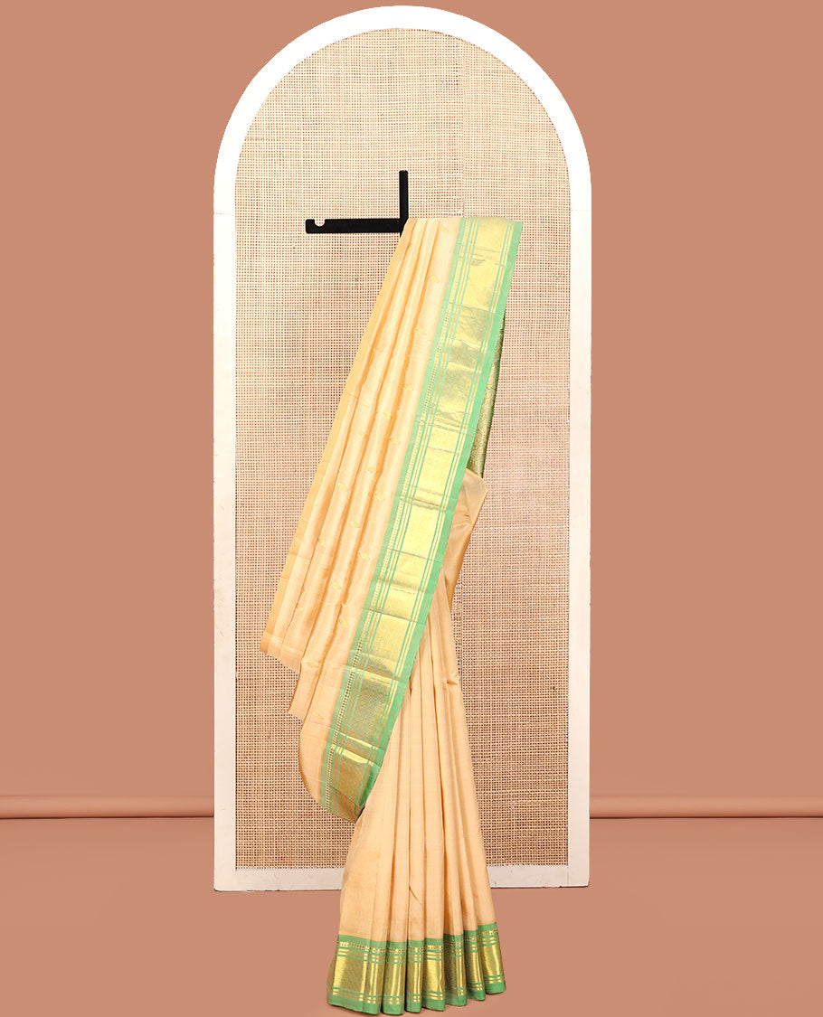 Sandal Kanchipuram Silk Saree, Accentuated with Buttas, a Contrast One-Sided Border of Panner Sombu, Banaras, and Jaal Design, Zari Design Pallu, and No Blouse
