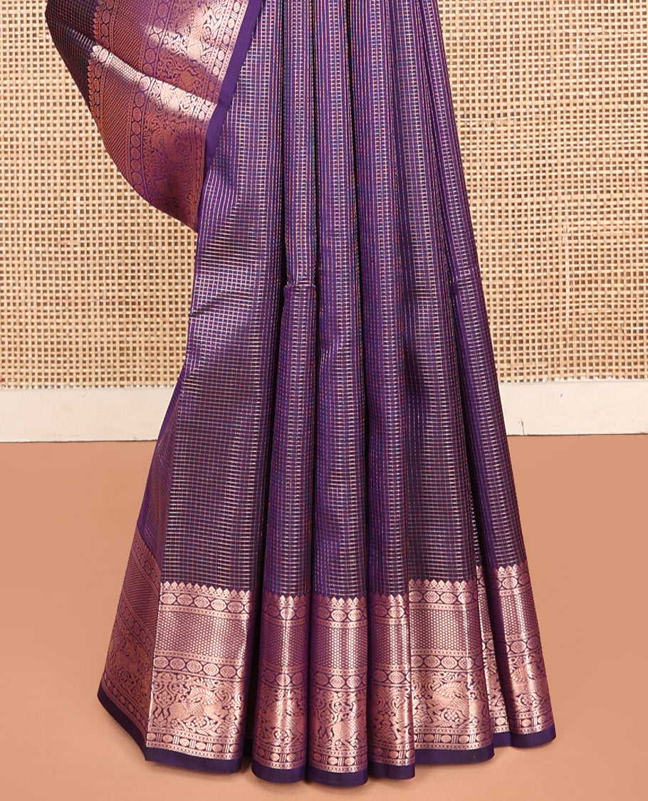 Violet Kanchipuram Silk Saree, Gleamed Up with Micro-Checks, Zari Border of Thilakam Mokku, Chakram, and Kuthirai Designs, Pallu of Jaal Design, and Matching Blouse