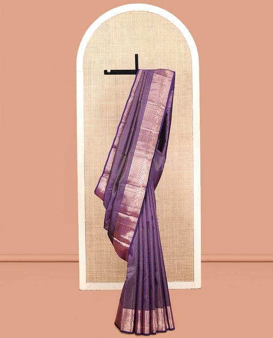 Violet Kanchipuram Silk Saree, Gleamed Up with Micro-Checks, Zari Border of Thilakam Mokku, Chakram, and Kuthirai Designs, Pallu of Jaal Design, and Matching Blouse