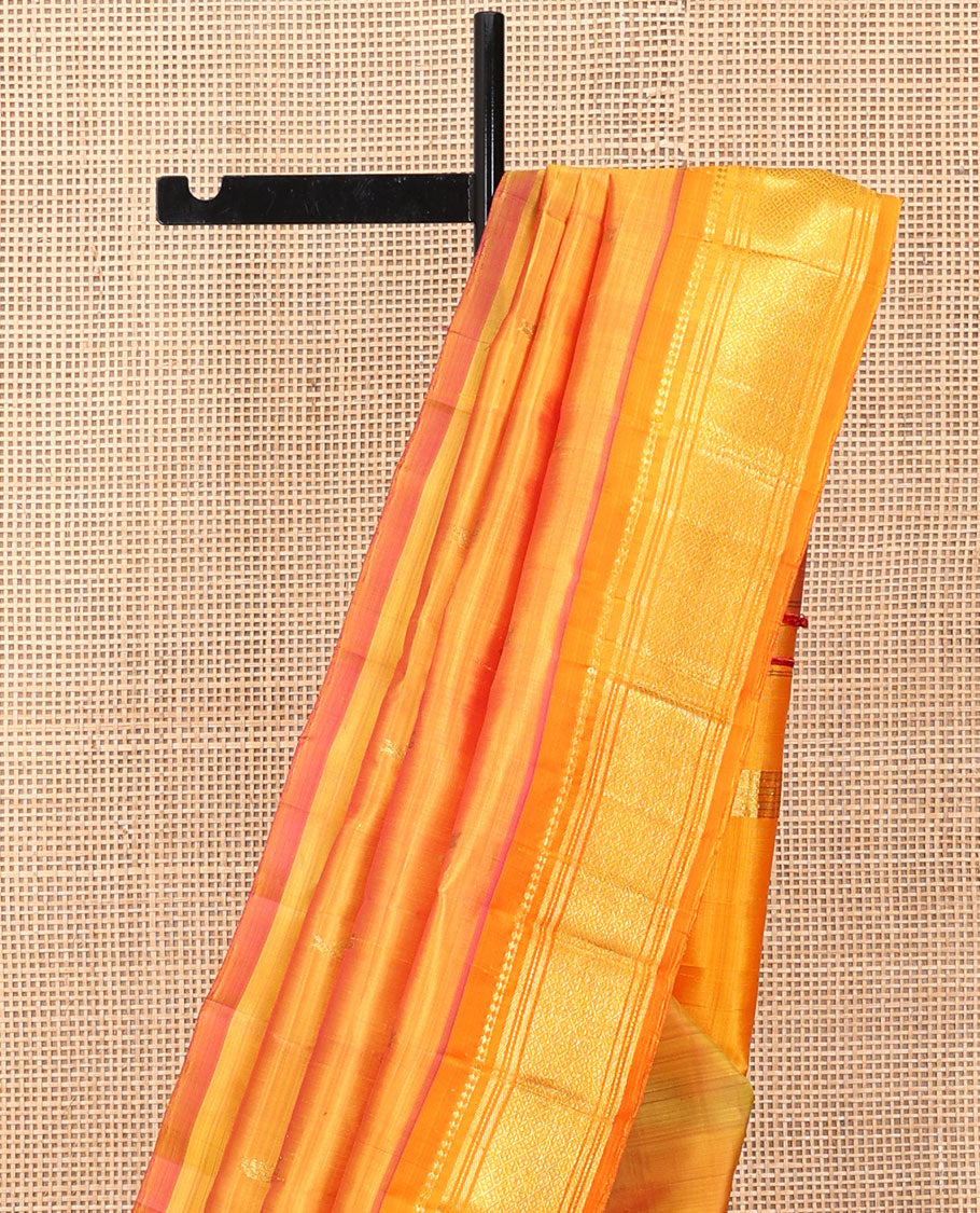 Orange Kanchipuram Silk Saree, Woven with Zari Buttas, a Contrast One-Sided Border of Panner Sombu, Banaras, Muthu, and Jaal Designs, a Zari Design Pallu, and No Blouse