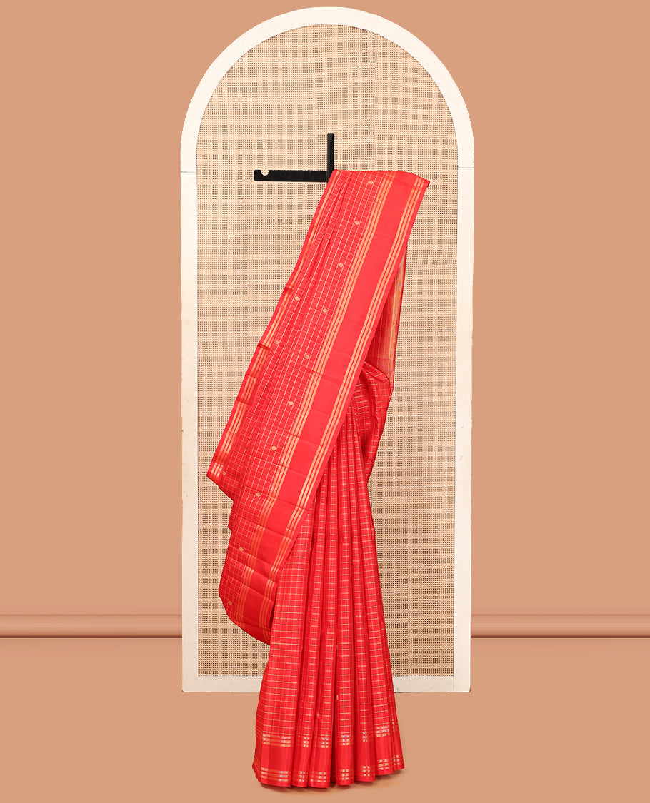 Red Check-Buttas Kanchipuram Silk Saree, Highlighted by a Zari Border, Grand Pallu, and a Matching Blouse