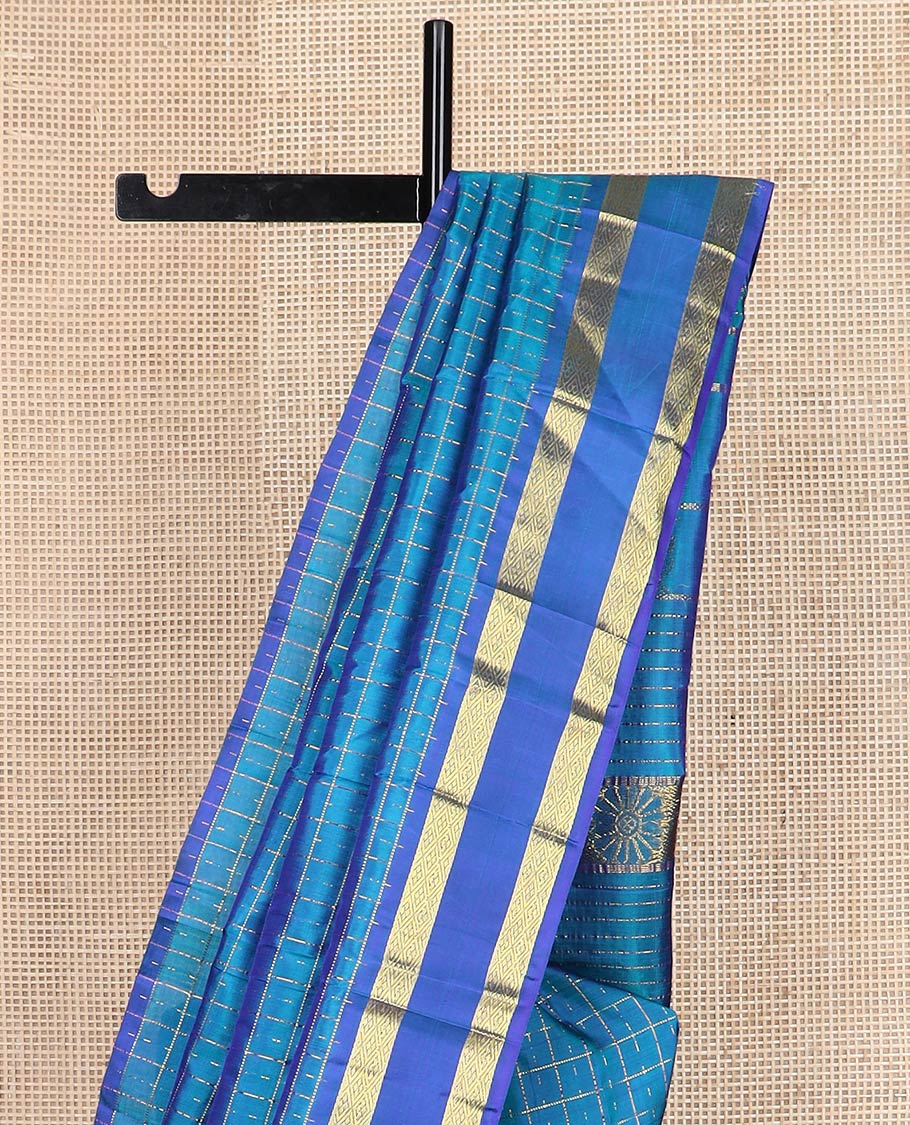Blue butta enclosed muthu checked kanchipuram silk saree, contrast rettai pettu zari one-sided border & zari design pallu