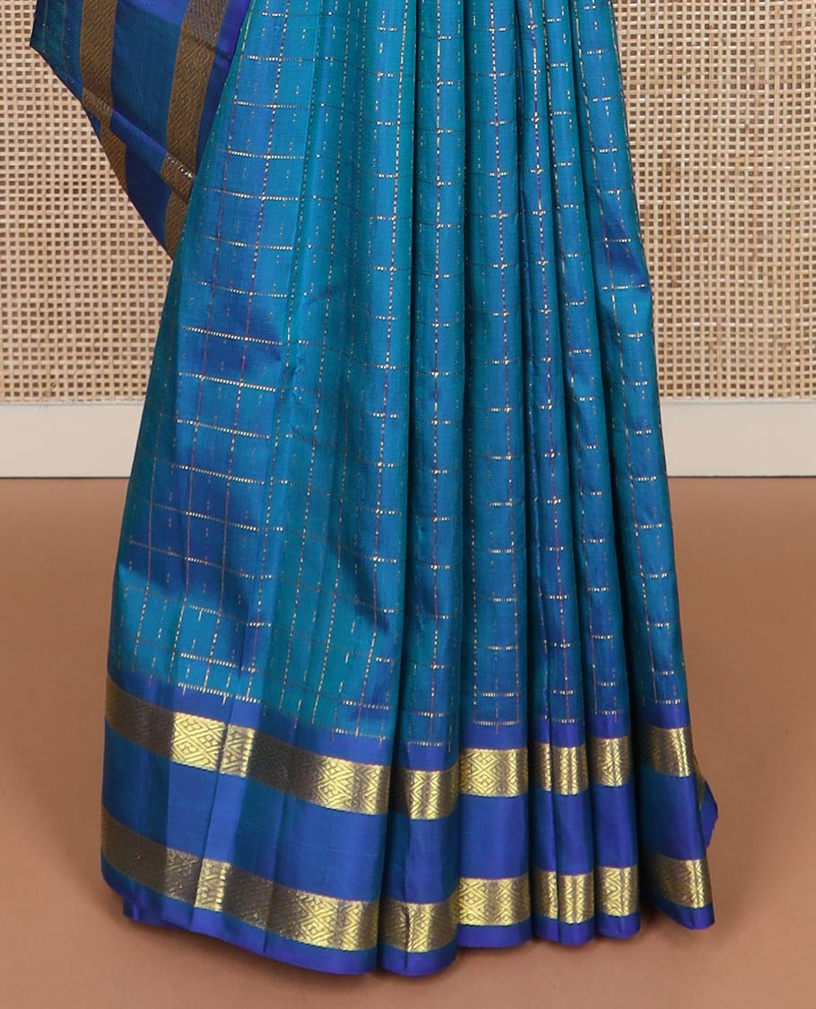 Blue butta enclosed muthu checked kanchipuram silk saree, contrast rettai pettu zari one-sided border & zari design pallu