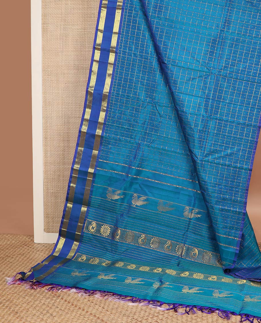 Blue butta enclosed muthu checked kanchipuram silk saree, contrast rettai pettu zari one-sided border & zari design pallu