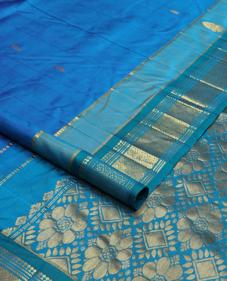 Blue zari buttas Kanchipuram silk saree, contrast border of panner sombu,banaras,muthu & jaal & floral design pallu