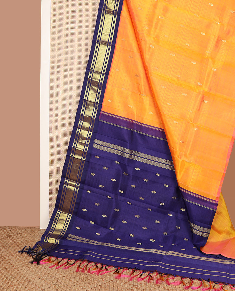 Yellow zari buttas Kanchipuram silk saree, contrast korvai border of banaras, muthu, and jaal design, and zari design pallu