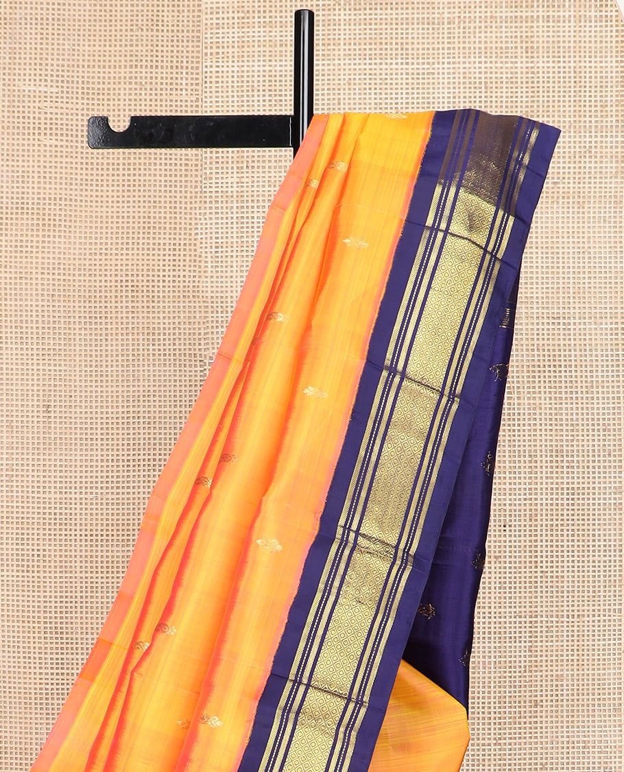 Yellow zari buttas Kanchipuram silk saree, contrast korvai border of banaras, muthu, and jaal design, and zari design pallu