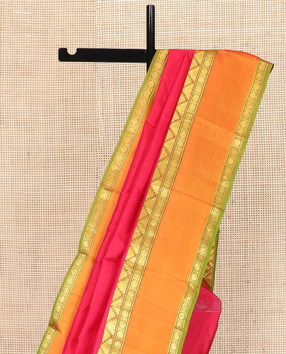 Red Striped Kanchipuram Silk Saree Spotlighted with Contrast Rettai Pettu Border Featuring Thazampoo Rekku, Manga, Banaras, and Rudraksham Designs, a Subtle Striped Pallu, and a Contrast Blouse