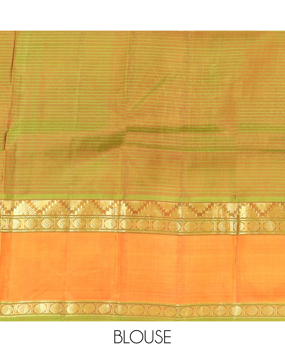 Red Striped Kanchipuram Silk Saree Spotlighted with Contrast Rettai Pettu Border Featuring Thazampoo Rekku, Manga, Banaras, and Rudraksham Designs, a Subtle Striped Pallu, and a Contrast Blouse