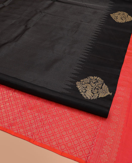 Black Kanchipuram Silk Saree Delicately Woven with Muthu Designs on Its Body, Subtly Sparkled Border of Bird and Floral Designs, Captivating Contrast Pallu of Jaal Designs, and Paired with a Contrast Blouse