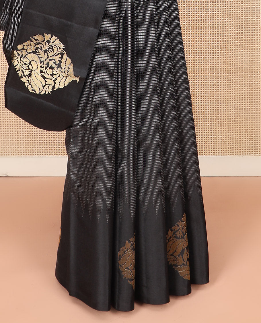 Black Kanchipuram Silk Saree Delicately Woven with Muthu Designs on Its Body, Subtly Sparkled Border of Bird and Floral Designs, Captivating Contrast Pallu of Jaal Designs, and Paired with a Contrast Blouse