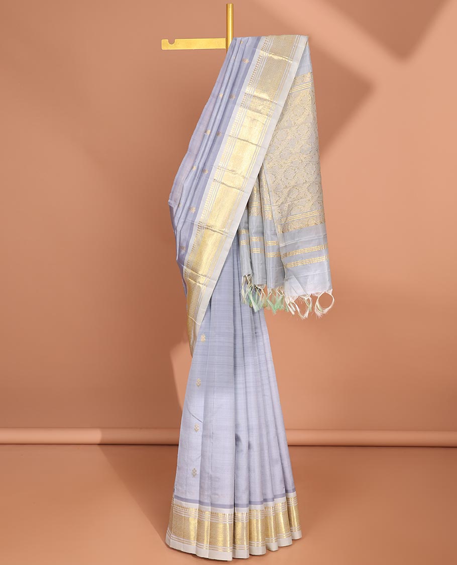 Grey floral buttas kancheepuram silk saree with contrast border of sombu, banaras , jaal desigs & zari design pallu