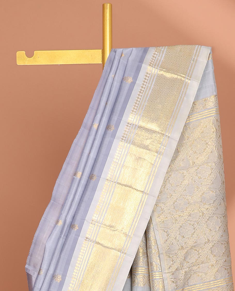 Grey floral buttas kancheepuram silk saree with contrast border of sombu, banaras , jaal desigs & zari design pallu