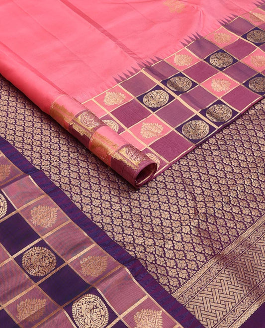 Pink zari buttas silk saree, contrast thazampoo rekku anna chakram enclosed multi-color checked border & zari woven pallu