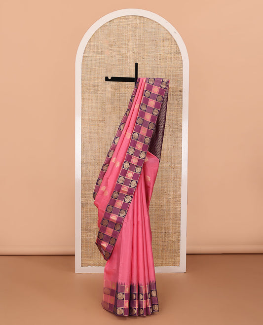 Pink zari buttas silk saree, contrast thazampoo rekku anna chakram enclosed multi-color checked border & zari woven pallu