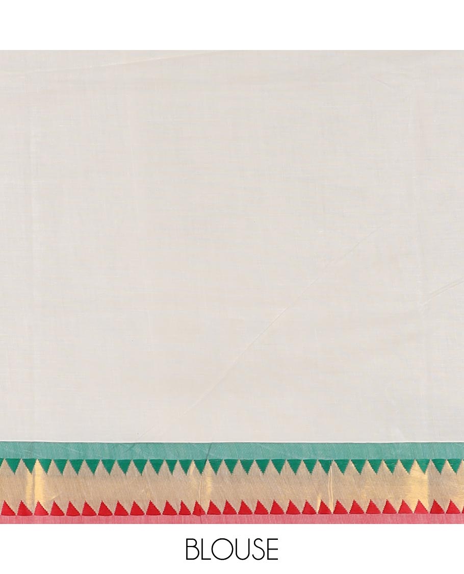 Cream zari design Kerala cotton saree, contrast temple thread border, and zari design pallu
