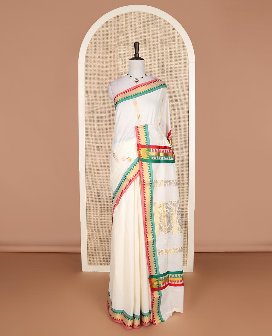 Cream zari design Kerala cotton saree, contrast temple thread border, and zari design pallu
