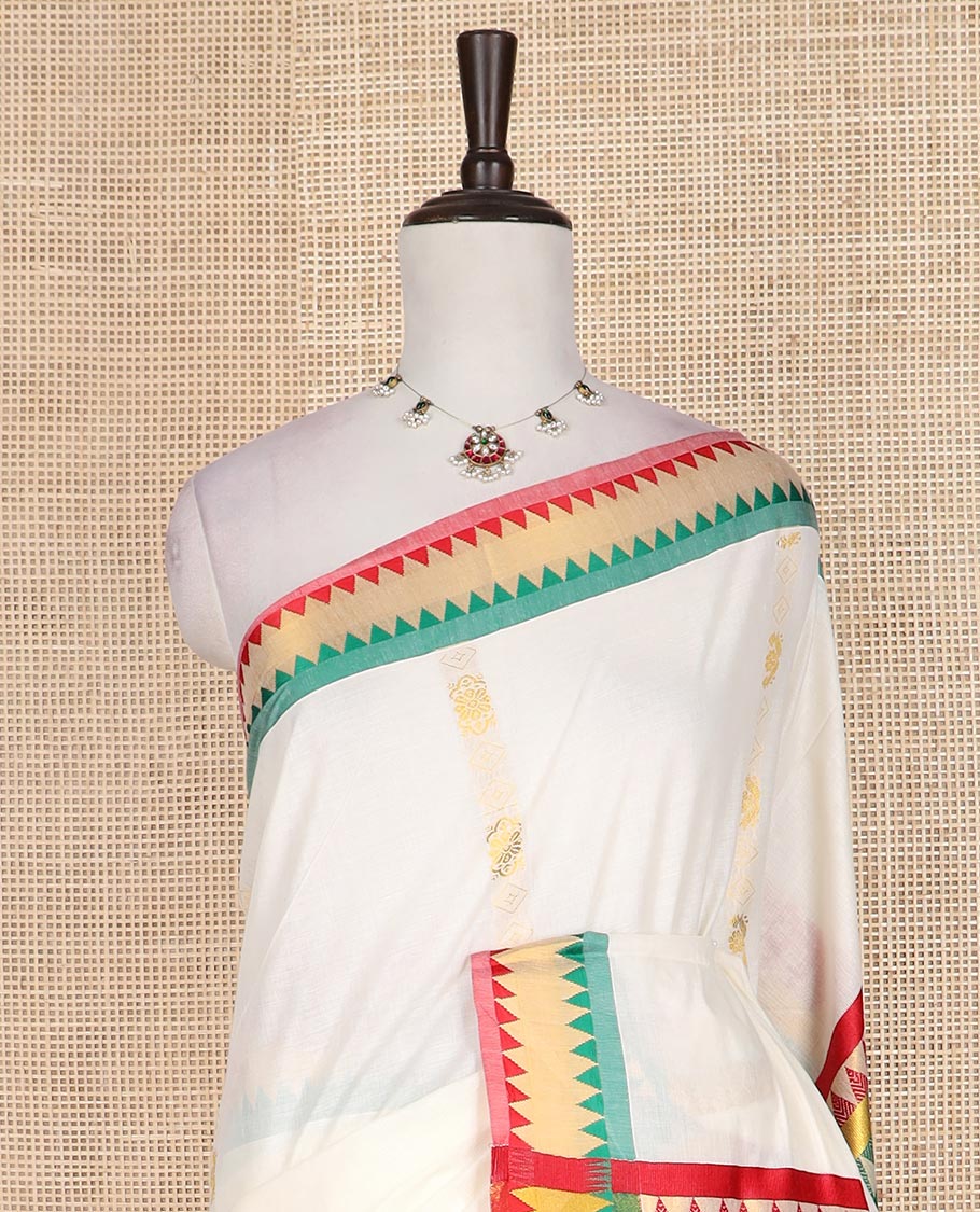 Cream zari design Kerala cotton saree, contrast temple thread border, and zari design pallu
