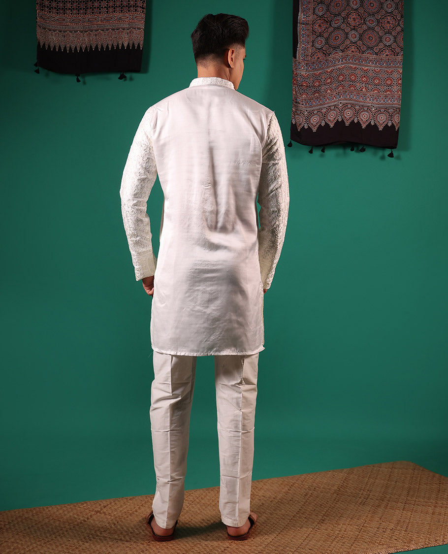 Half-white chikankari style embroidered with micro stone work full-sleeved men's kurta