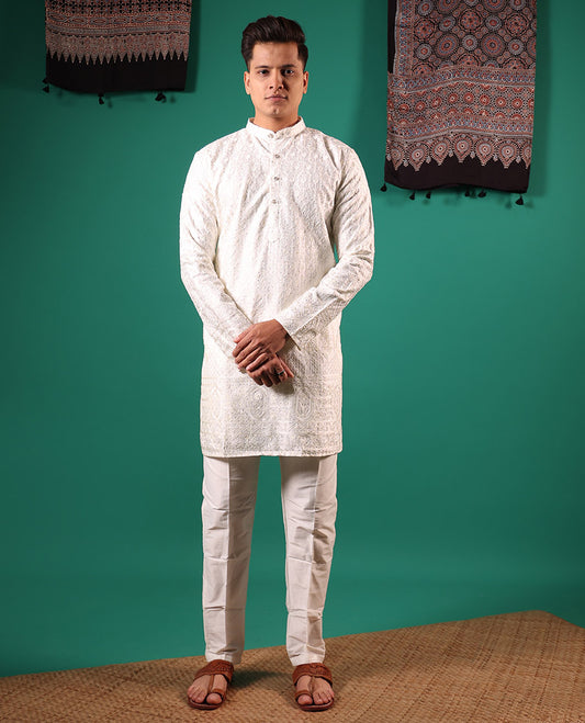 Half-white chikankari style embroidered with micro stone work full-sleeved men's kurta