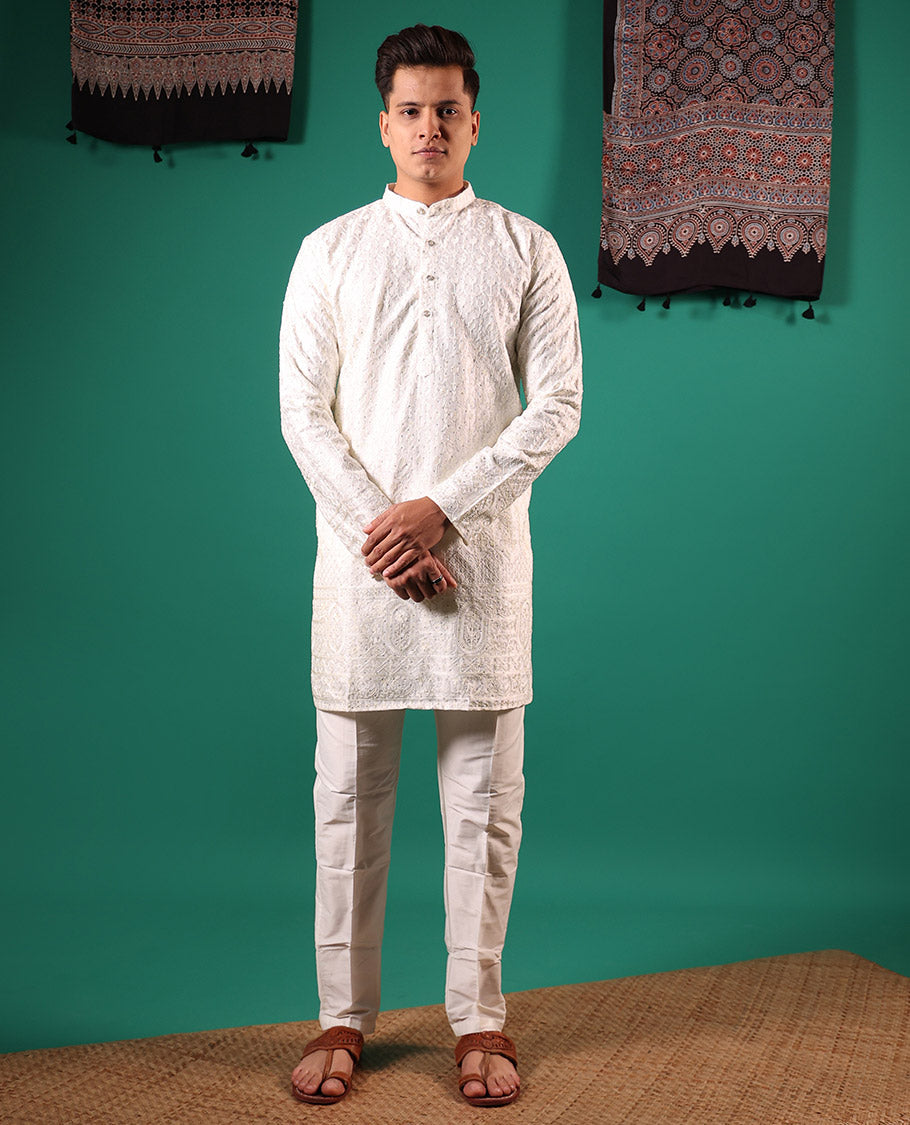 Half-white chikankari style embroidered with micro stone work full-sleeved men's kurta