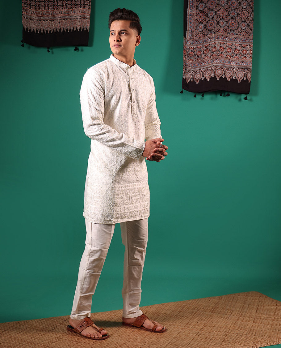 Half-white chikankari style embroidered with micro stone work full-sleeved men's kurta
