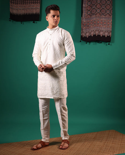 Half-white chikankari style embroidered with micro stone work full-sleeved men's kurta