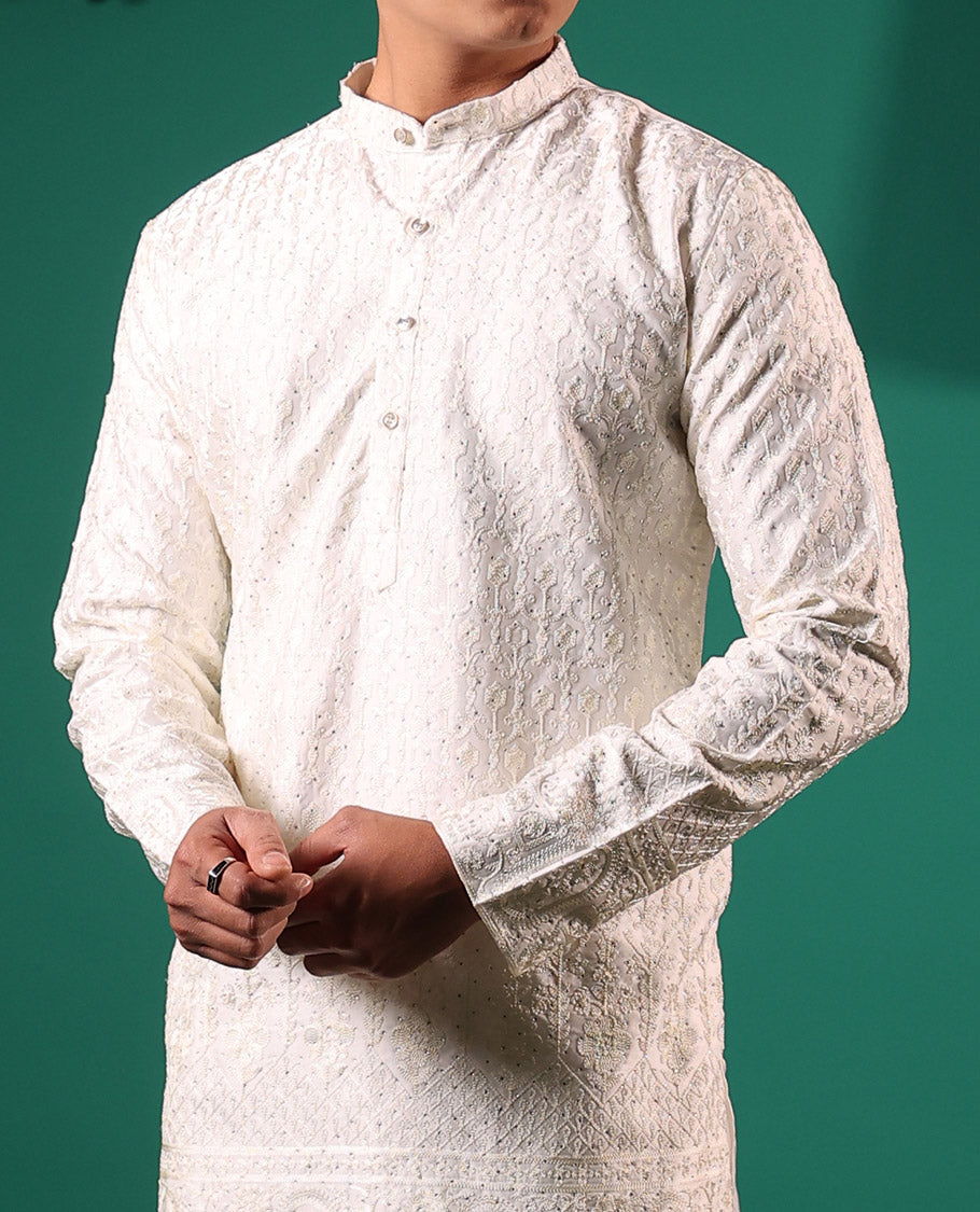 Half-white chikankari style embroidered with micro stone work full-sleeved men's kurta